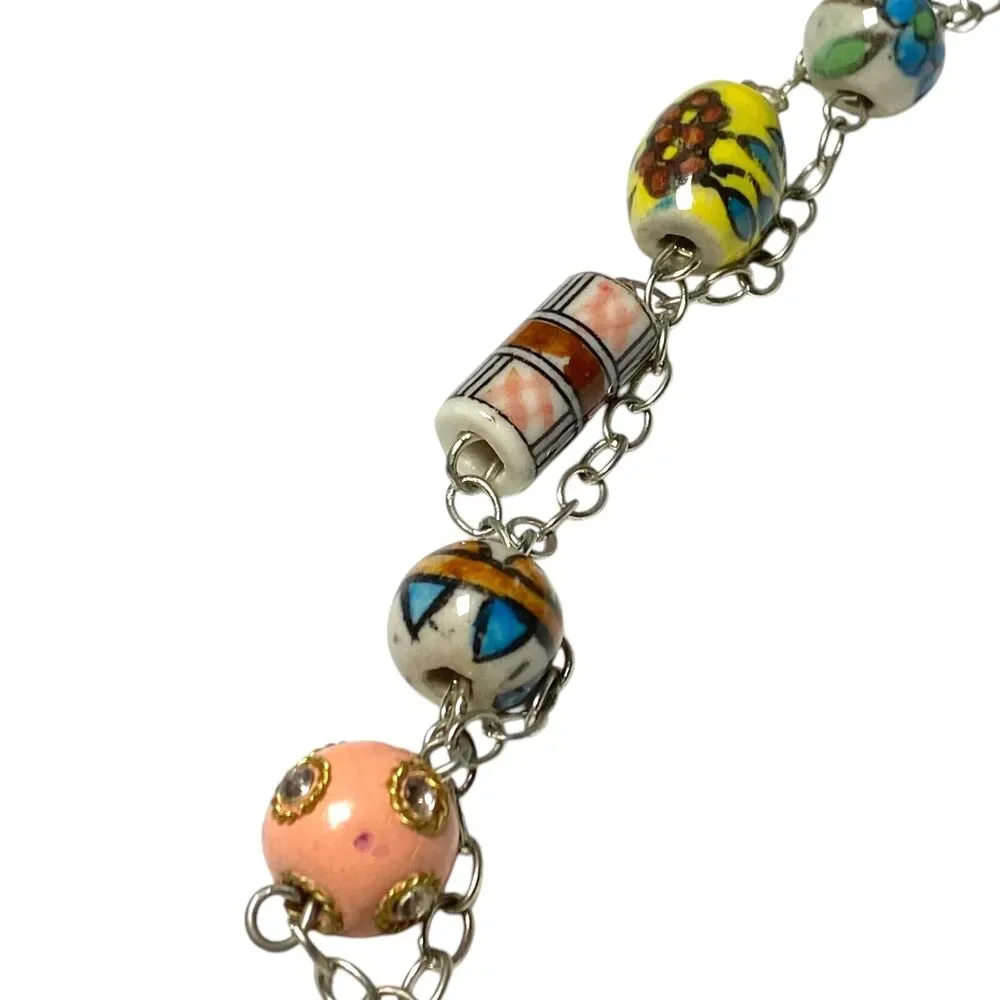 VTG Necklace Ceramic Resin Bead Station Painted Floral Art Long Boho Festival